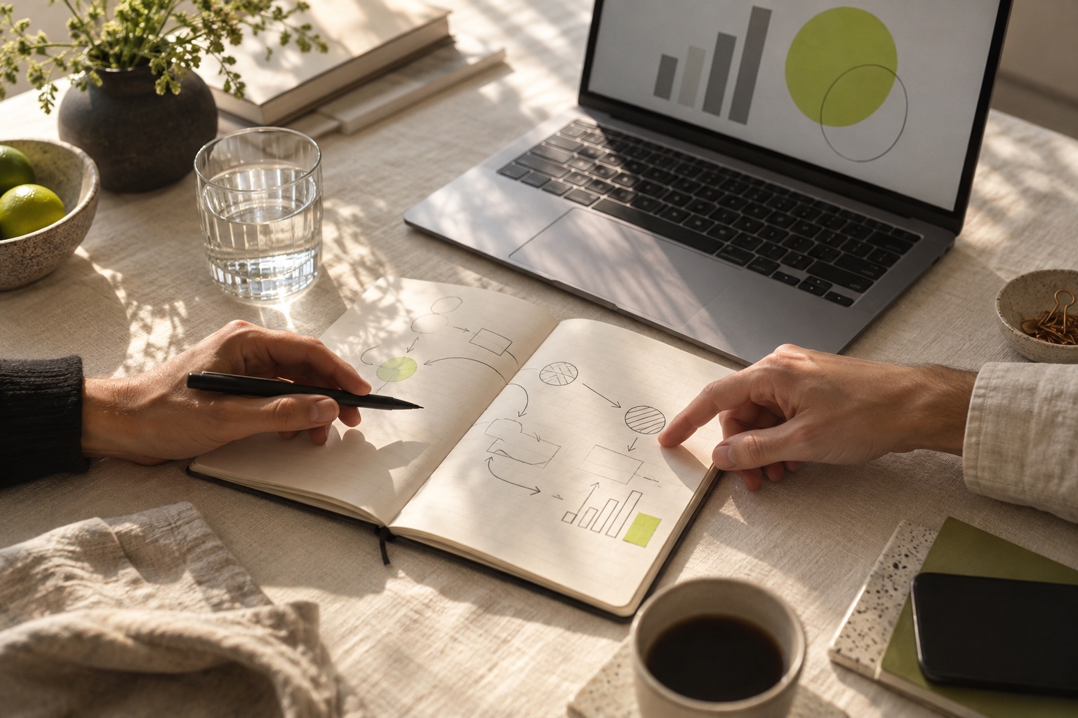 Concept image: hands reviewing a strategy plan at a worktable